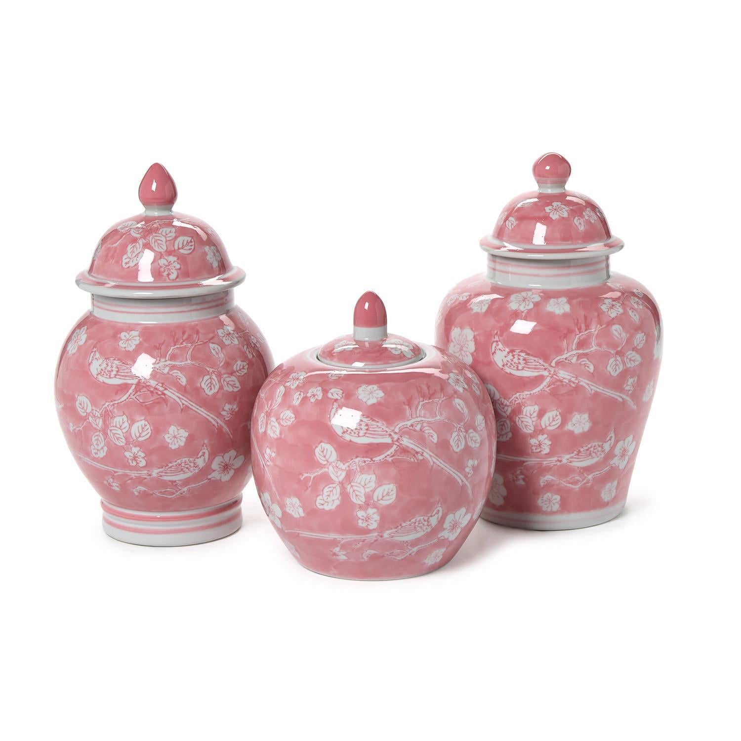 Pink Chinoiserie Hand-Painted Covered Jars