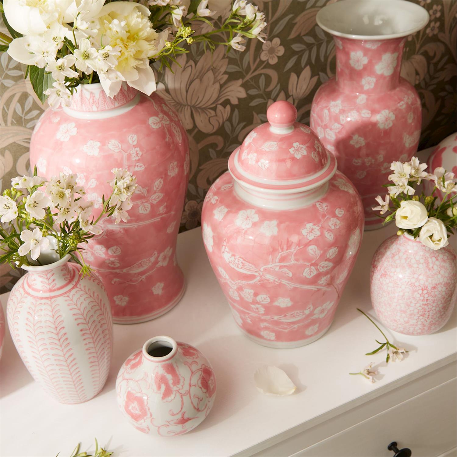 Pink Chinoiserie Hand-Painted Covered Jars