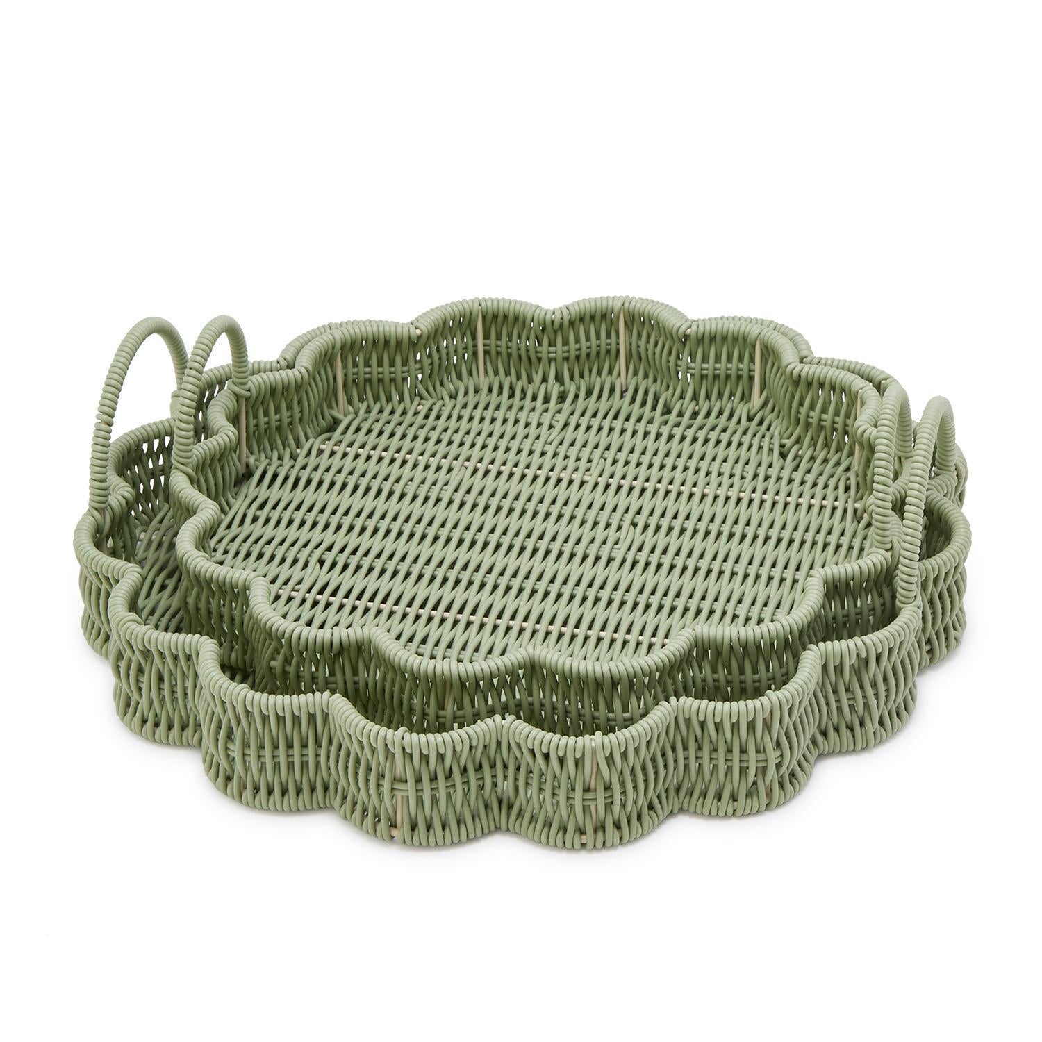 All Weather Wicker Scallop Edge Green Round Serving Tray with Handles