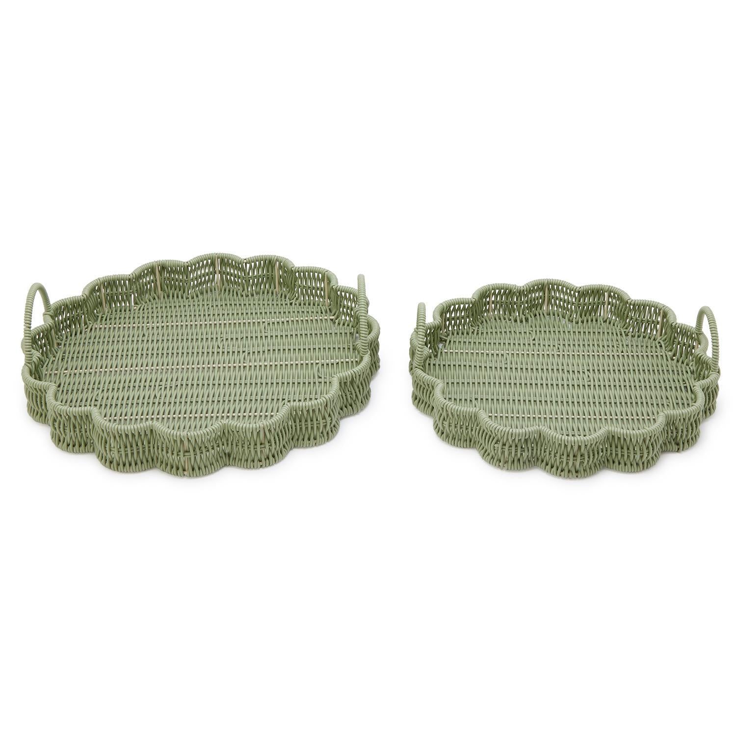 All Weather Wicker Scallop Edge Green Round Serving Tray with Handles