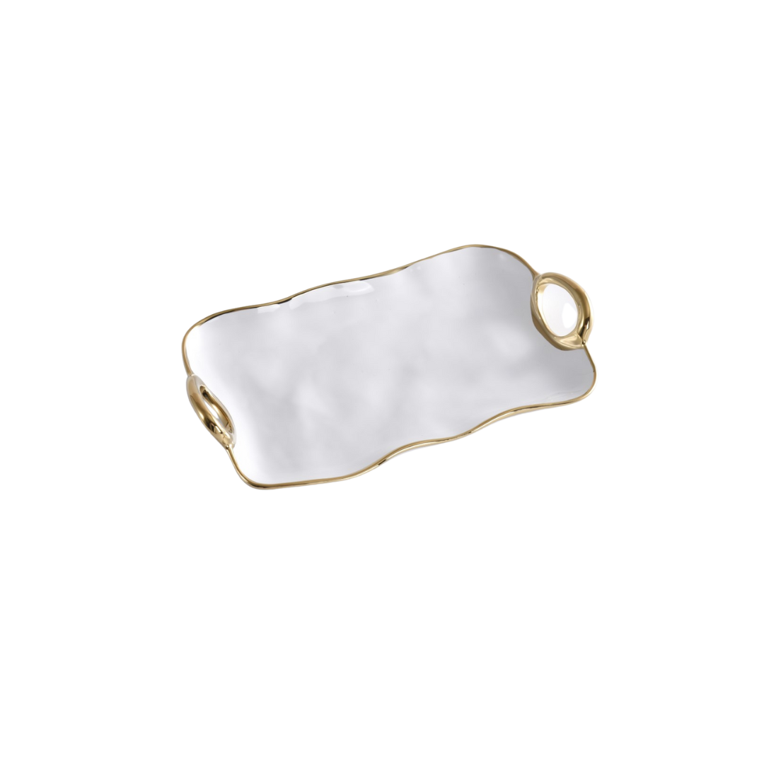 White Porcelain Platter with Gold Handles