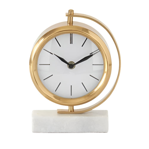 Round Gold Metal Table Clock w/Rectangular White Marble Base