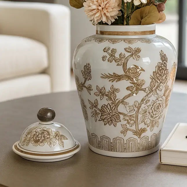 Brown Ceramic Birds and Vine Jar