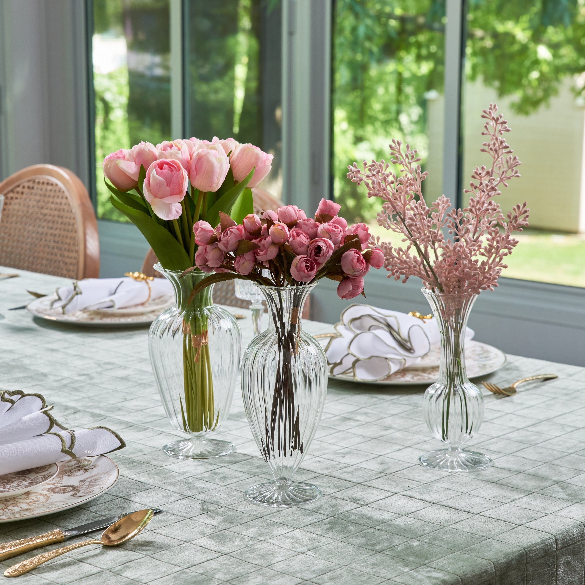 Set of 3 Blush Bunches in Bud Glass Vases