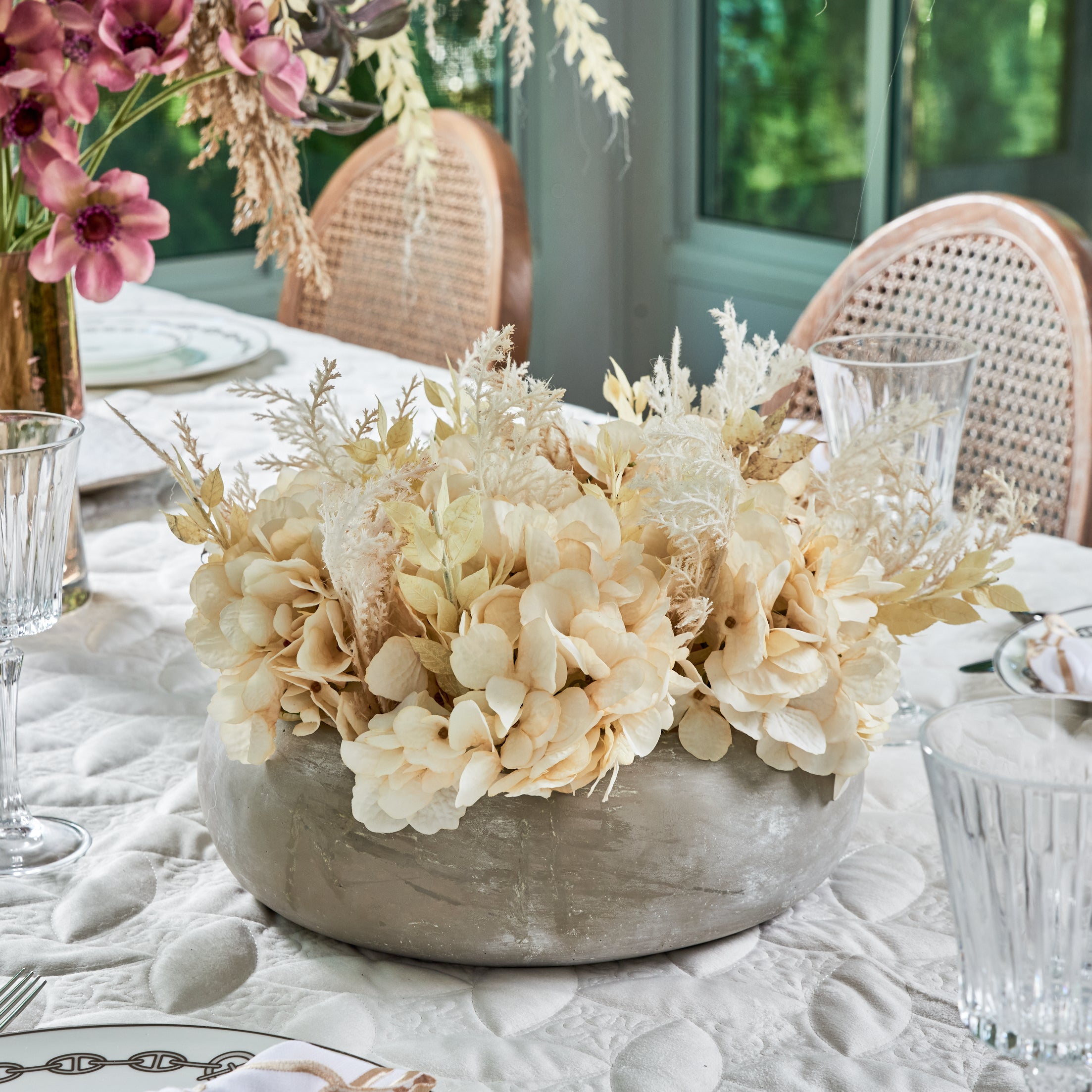 Flaura Muted Autumn Arrangement in Round Cement Bowl