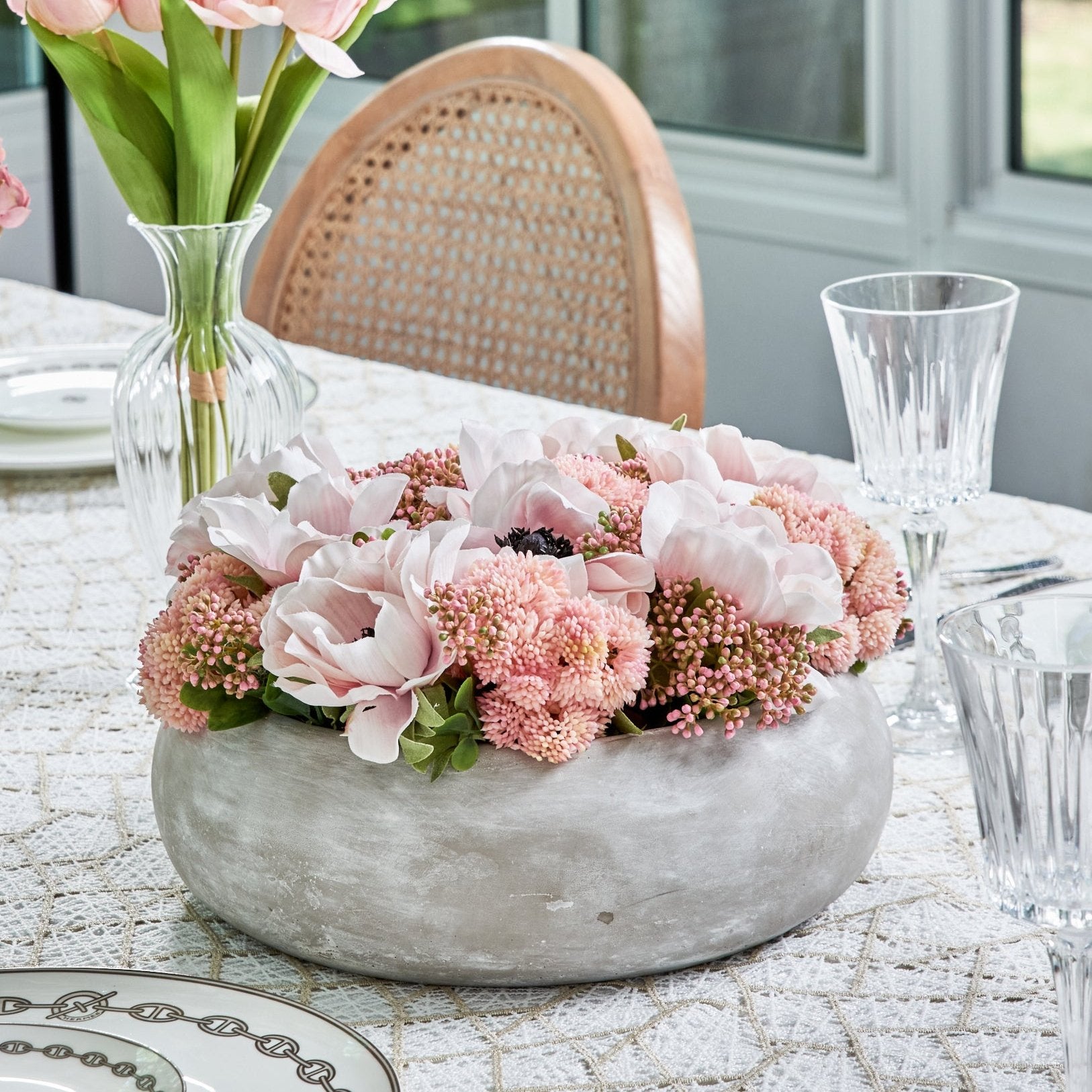 Flaura Soft Pink Blend in Round Cement Planter