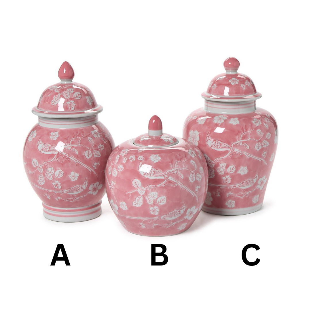 Pink Chinoiserie Hand-Painted Covered Jars