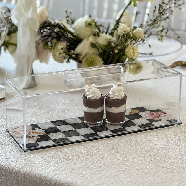 Large Black Checkered Lucite Cake Tray with Lid
