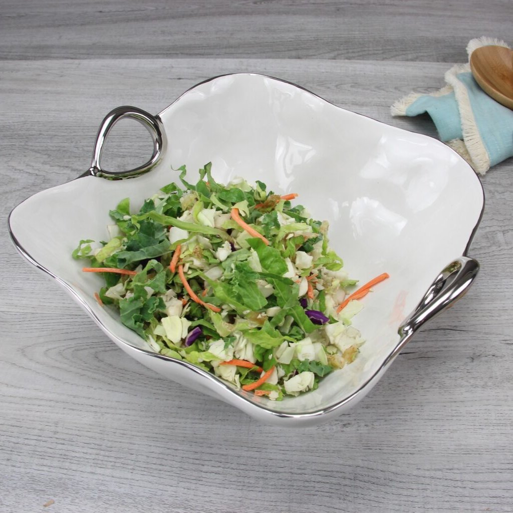 White Porcelain Large Bowl with Silver Handles