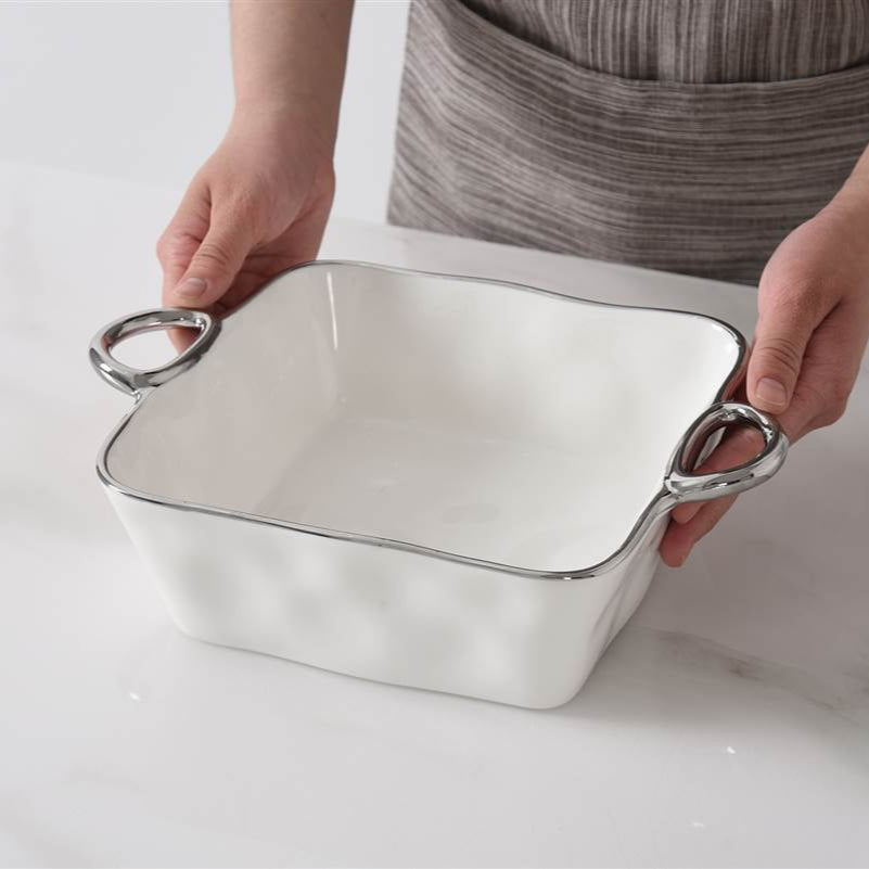 White Porcelain with Metallic Handles Baking Dish