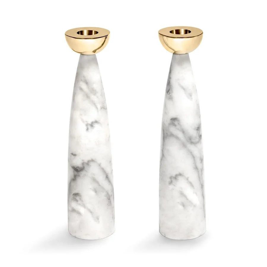 Anna New York Coluna 2-Piece Carrara Marble & Steel Candlestick Set- Gold