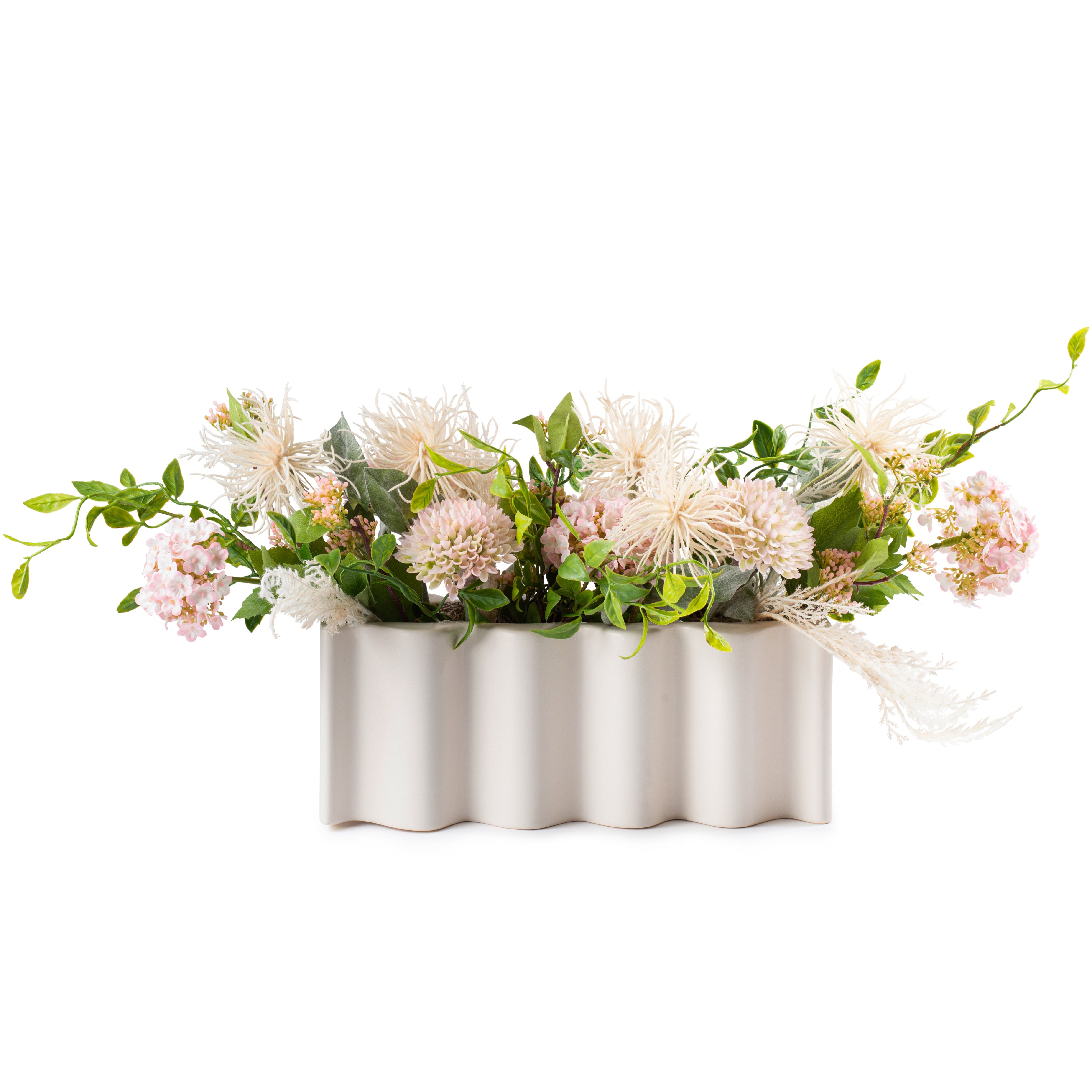 Flaura Pink Dahlia/ Hydrangeas in Wavy Pot