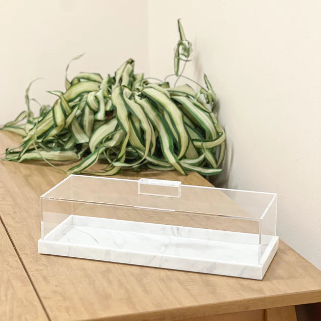 Lucite Decorative Rectangular Container with White Marble Base