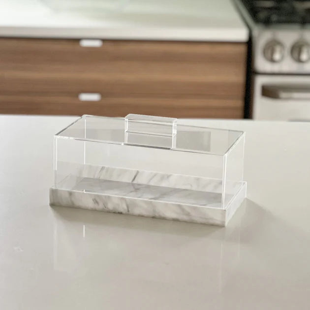 Lucite Decorative Rectangular Container with White Marble Base