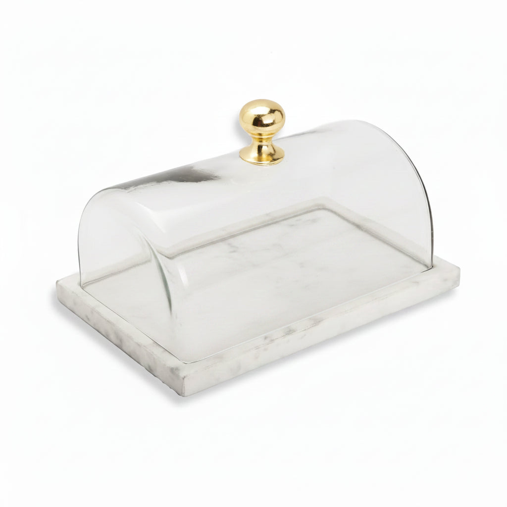 Rectangular Marble Cake Dome with Gold Knob