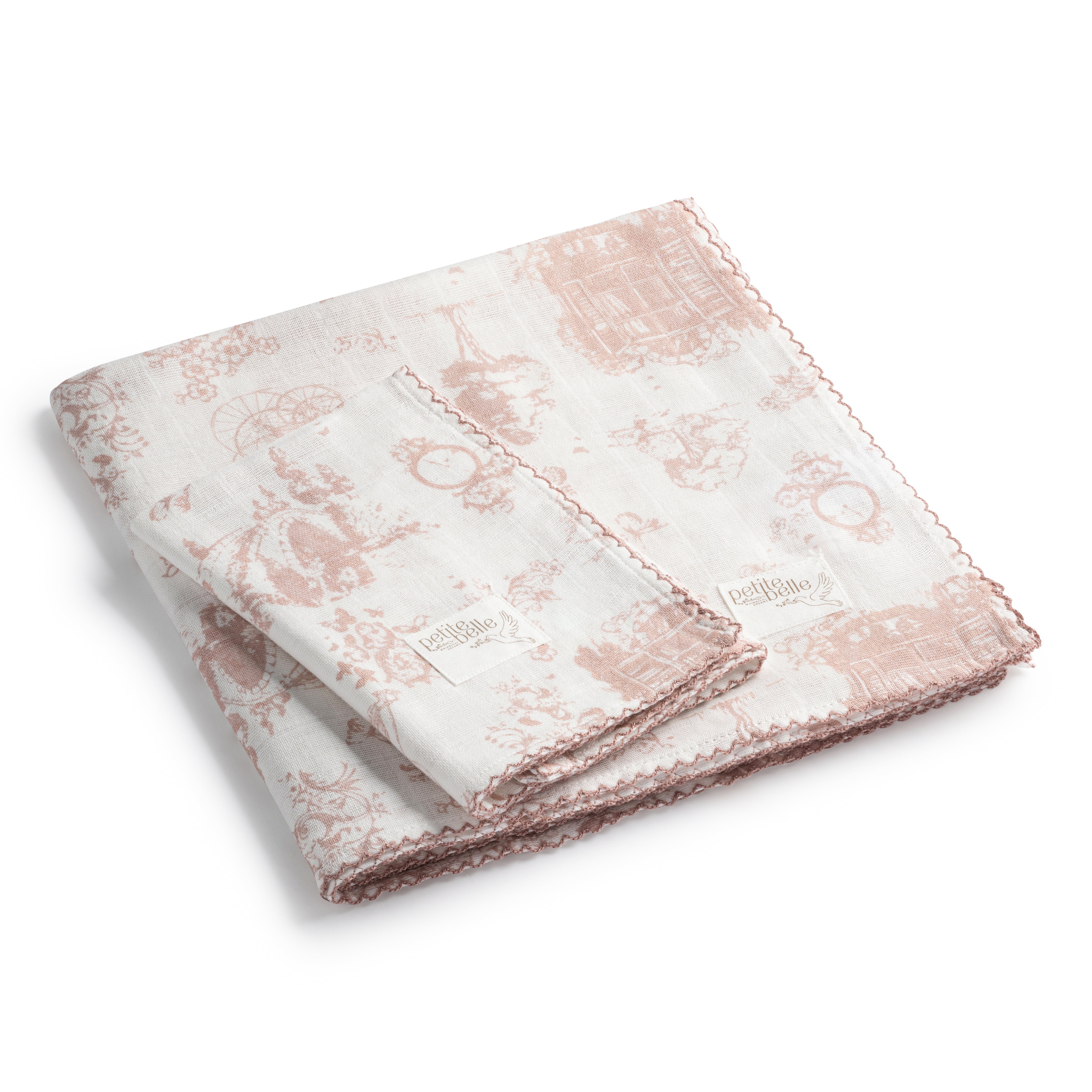 Petite Belle Rose Pink Safra Toile Swaddle & Burp Cloth Set