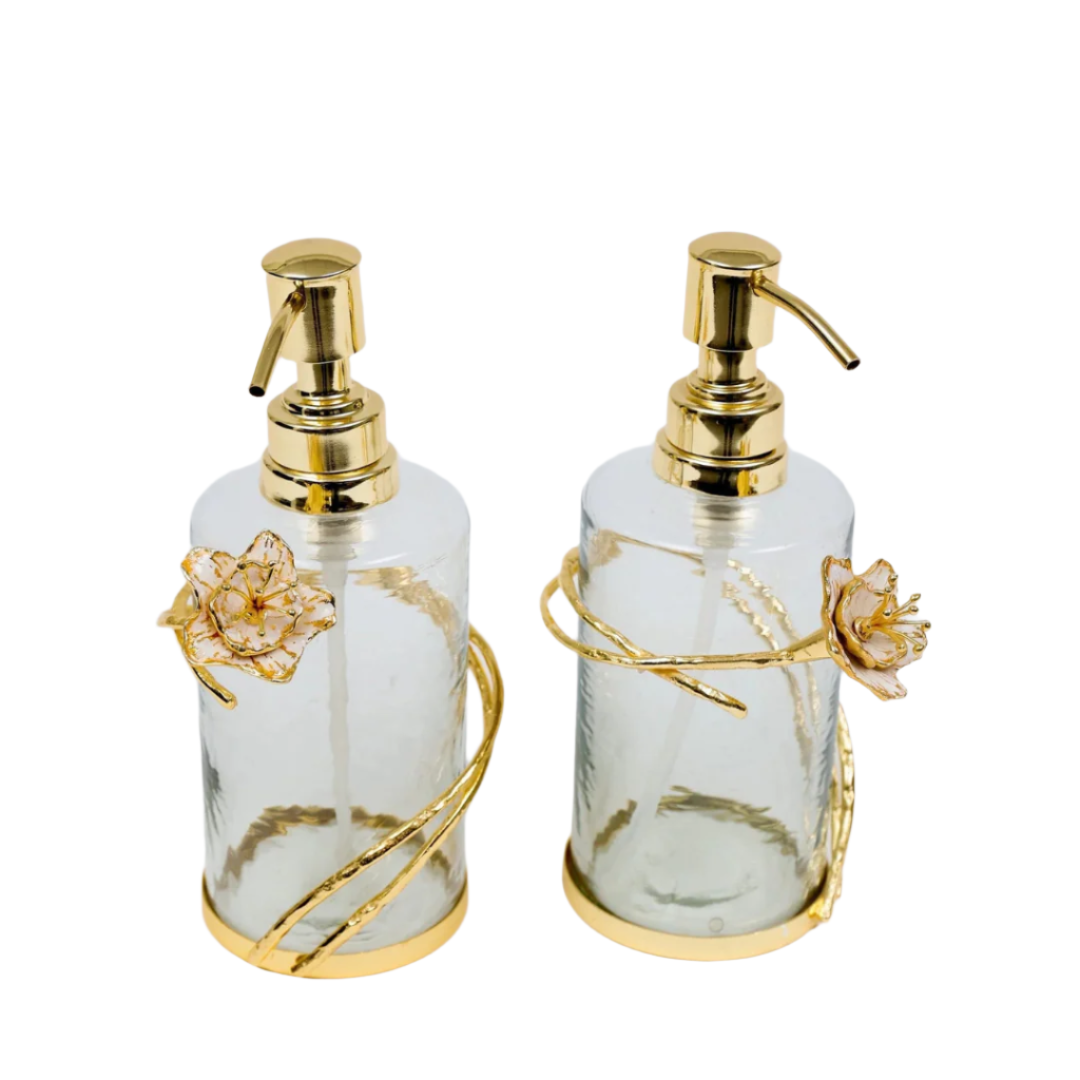 Glass Soap & Lotion Dispenser Set with Gold Enamel Flower Design