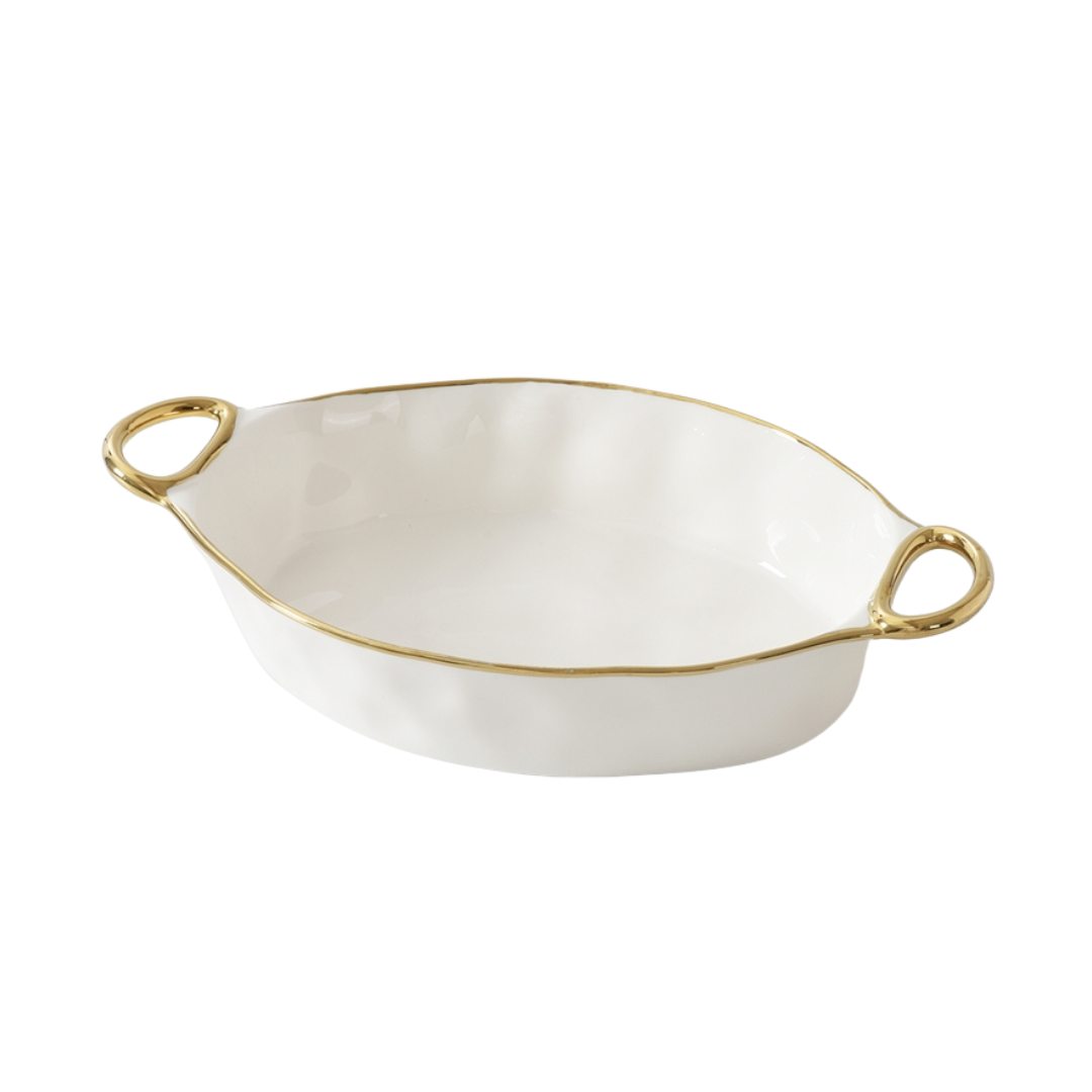 White Porcelain with Gold Handles Oval Baking Dish