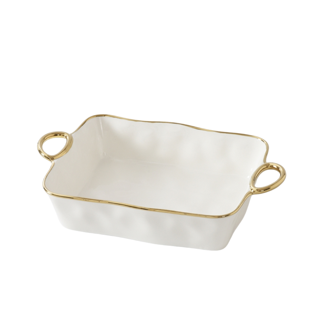 White Porcelain with Gold Handles Rectangular Baking Dish