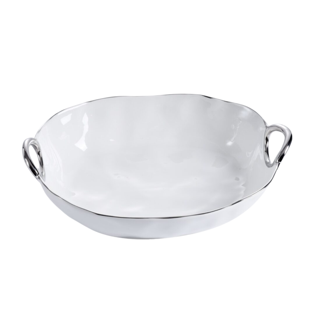 White Porcelain  Deep Oval Server with Silver Handles