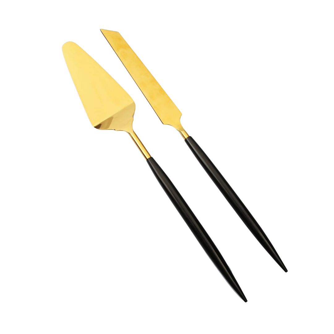 Gold Cake Servers with Neat Black Handles