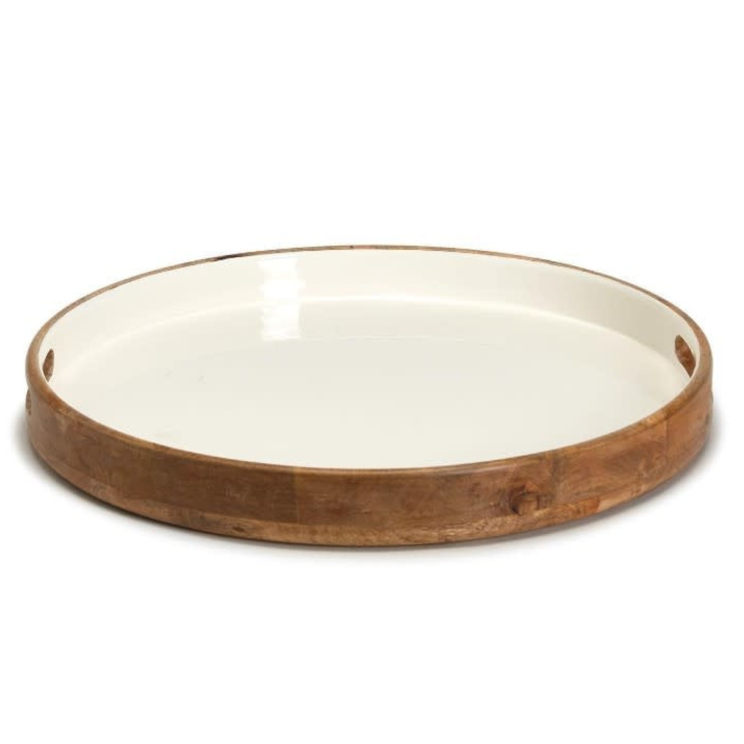 Large Hand Crafted Round Serving Tray with Inside White Enamel