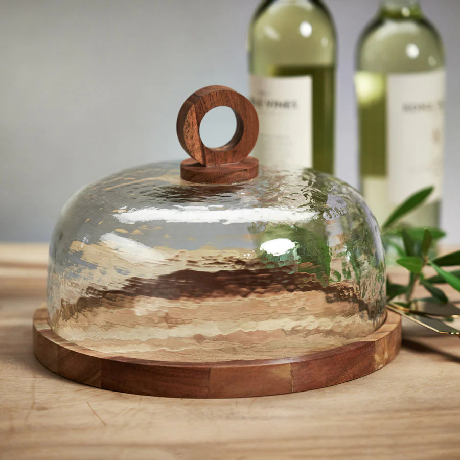 Artisan Wood Cheese Board with Hammered Glass Cloche