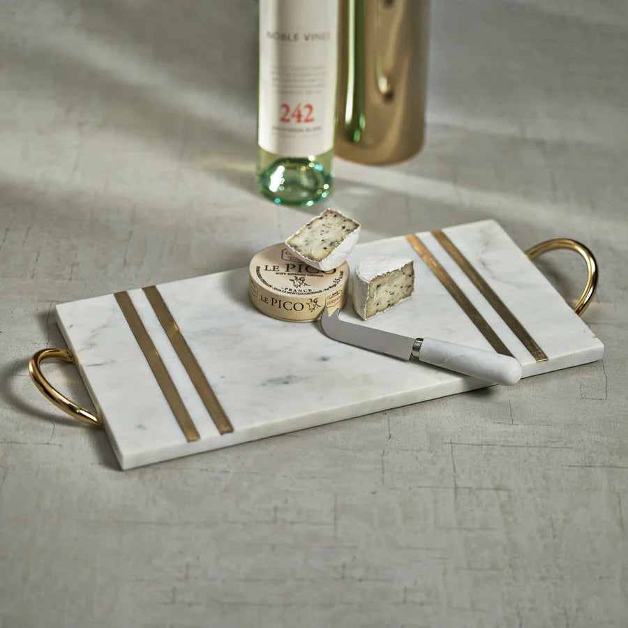Zodax Rectangular Marble Serving Tray with Brass Handles