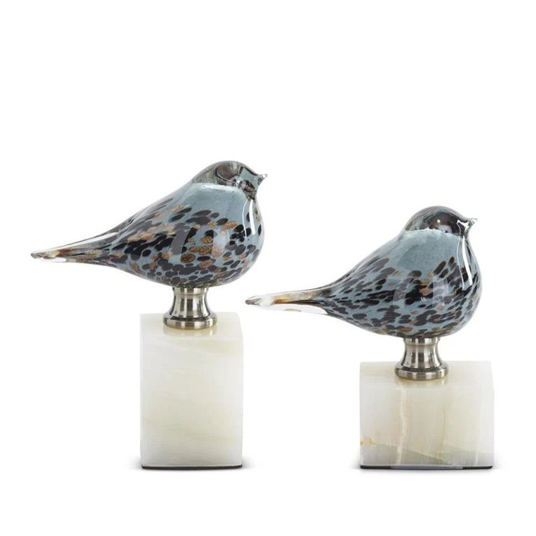  Blue Glass Birds on White Square Marble Bases — Large