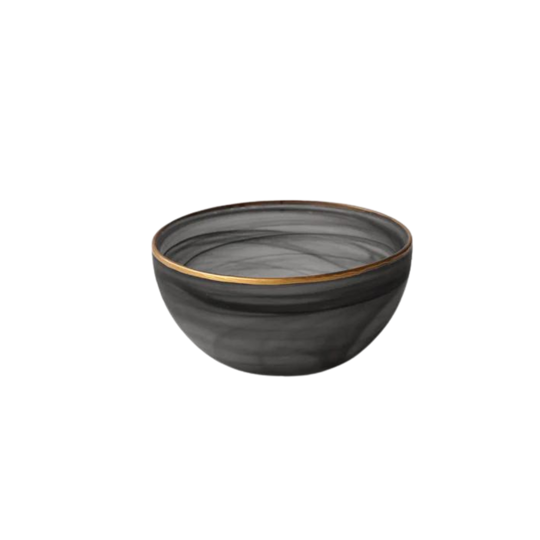 Glass Frosted Black Alabaster Medium Bowl with Gold Rim