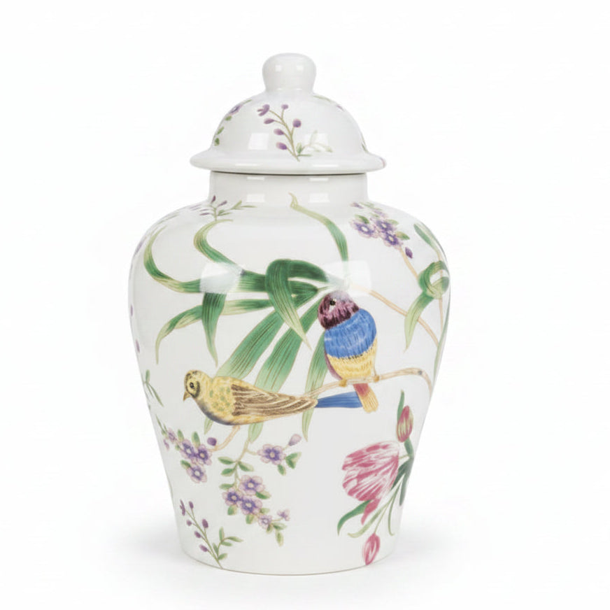 White Porcelain 10" Ginger Jar with Bird & Botanical Design