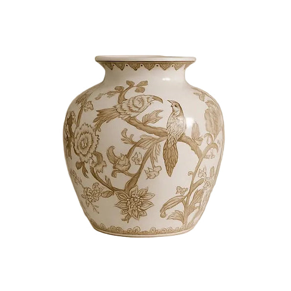 Brown Ceramic Birds and Vine Vase 10in