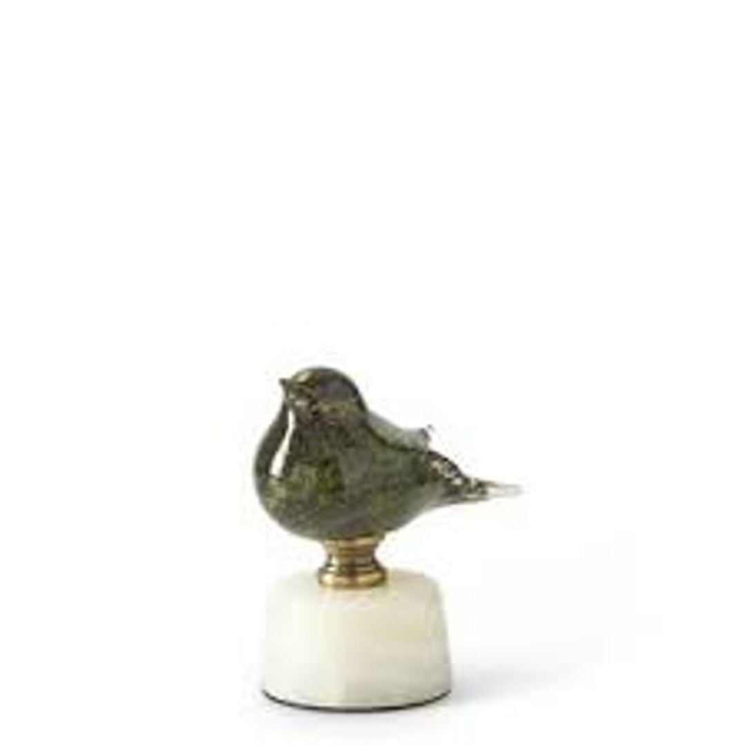 Green Glass Bird on White Marble Bases — Small