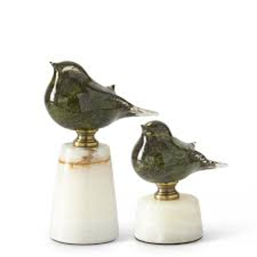 Green Glass Bird on White Marble Bases — Small