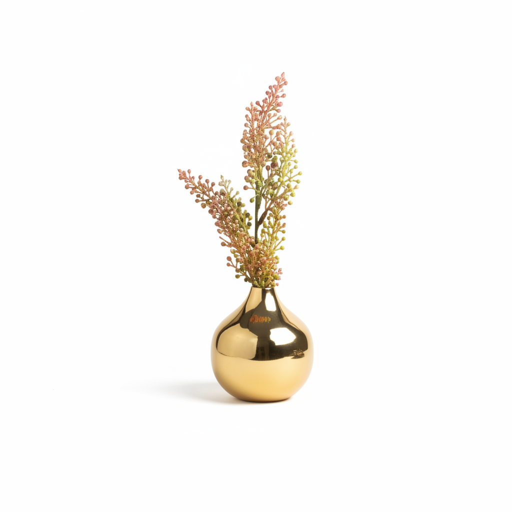 Gold bud vase and faux floral arrangement