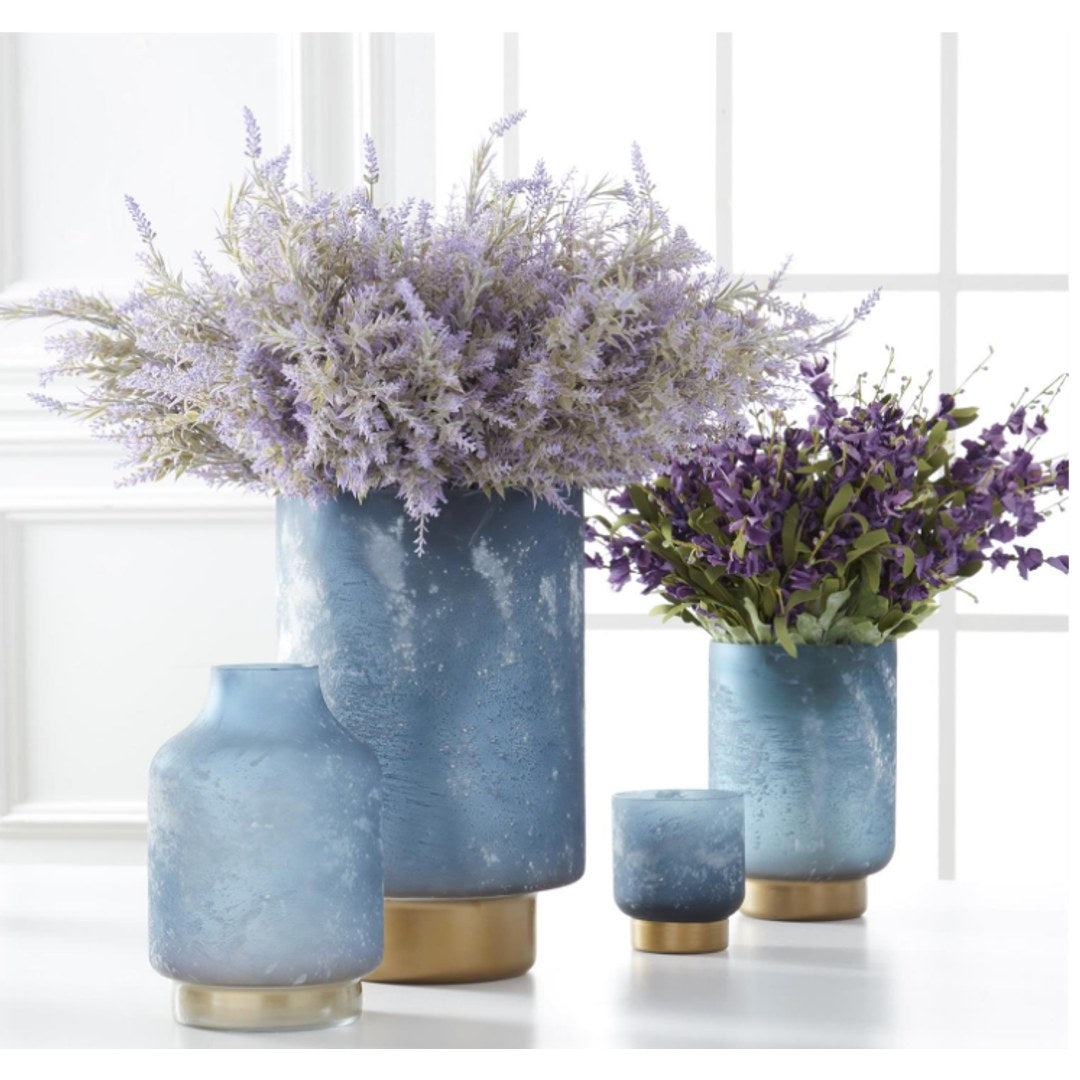 Set of 3 Frosted Blue Glass Containers w/Gold Bases — Medium