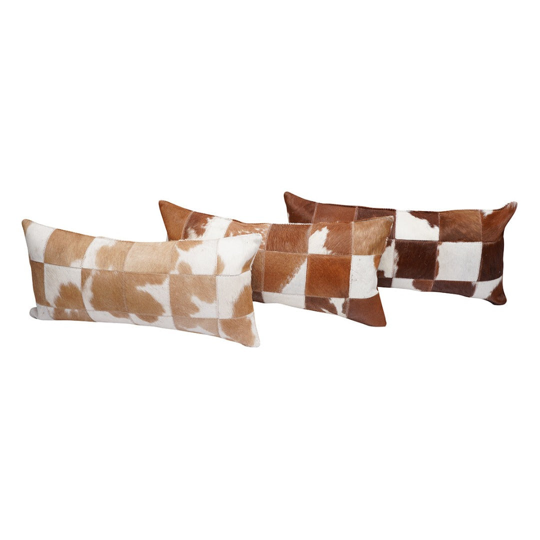 Brown and White Cloudy Patch Cowhide Pillow 12"x 24" Lumbar