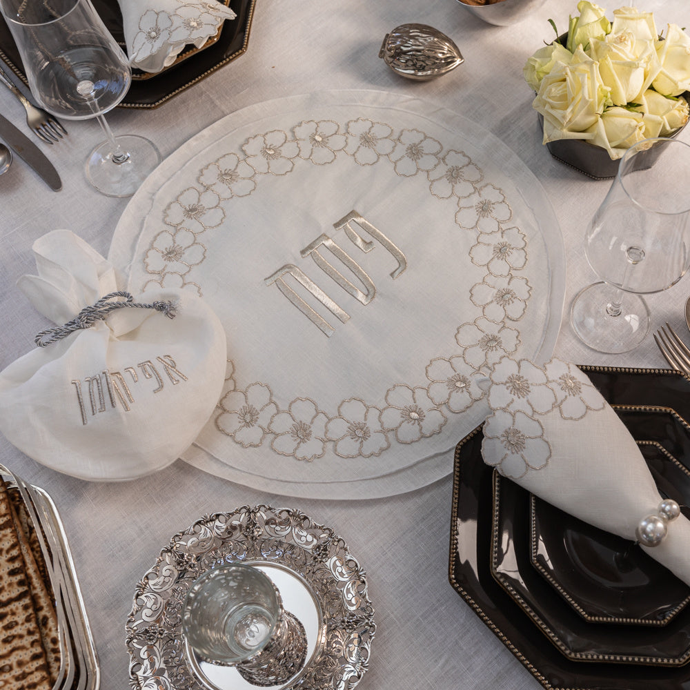 Ben Chaim Silver Embroidered Flowers Pesach 3-Piece Set